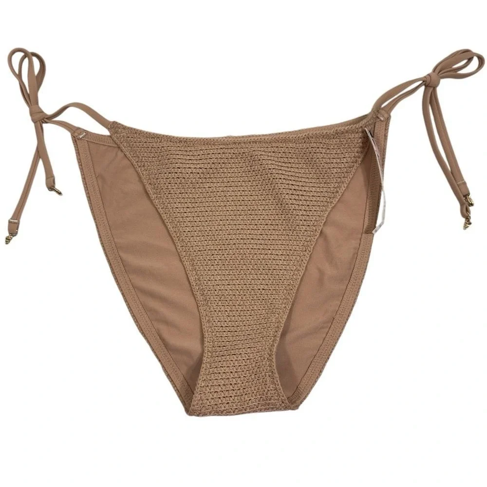 New Victoria's Secret Crochet Side Tie Bikini Bottom Tan Gold Shell Charms Large